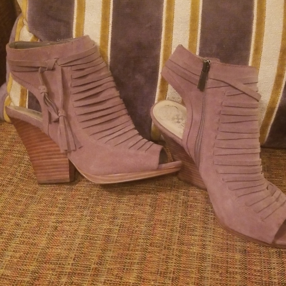 Tan Suede Vince Camuto Open Toe Bootie